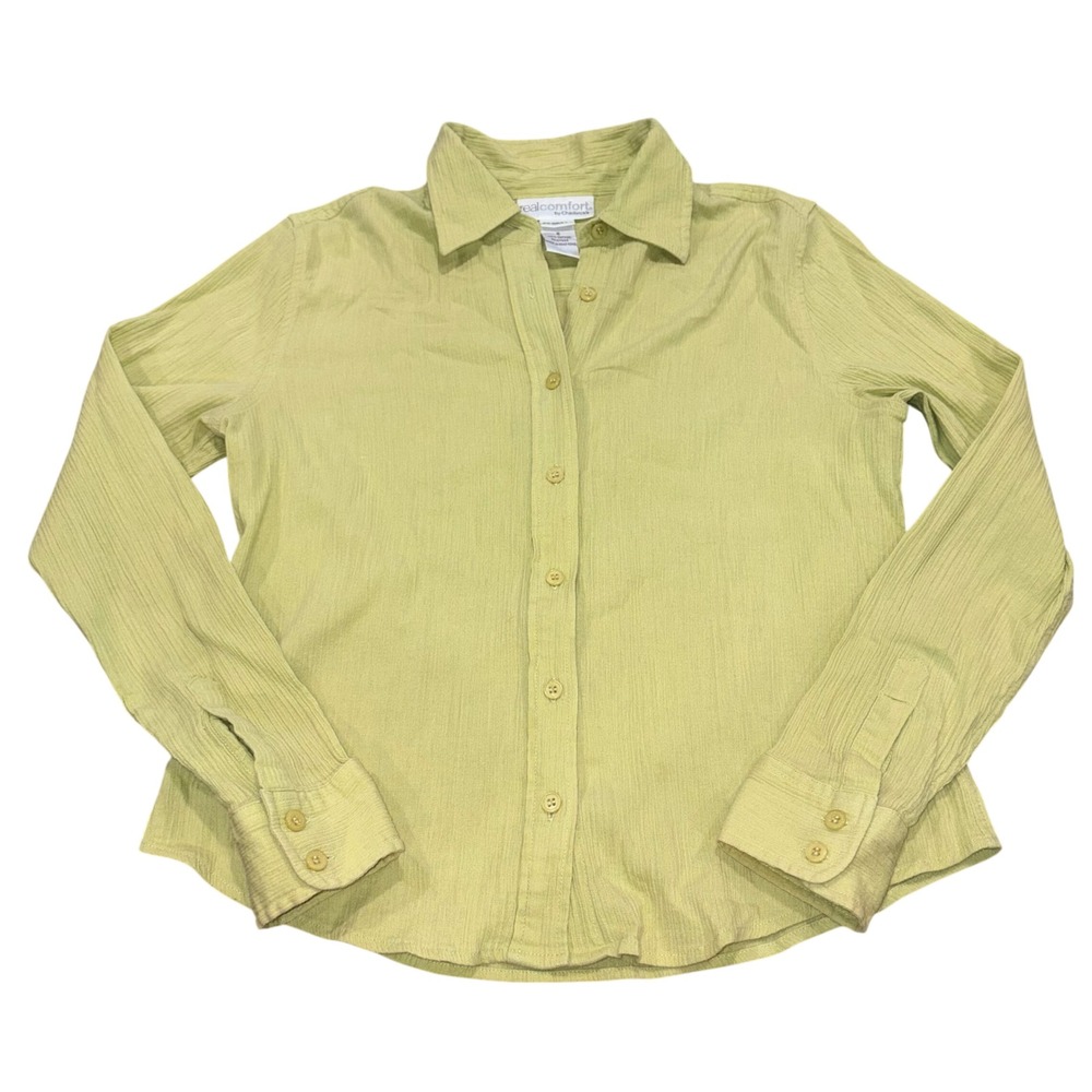 Textured Button Down Crinkle Casual Women 8 Lime Green Real Comfort